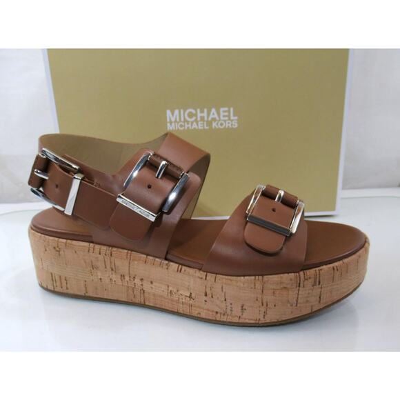 Michael Kors Colby Flatform Wedge Sandal Leather Luggage Light Brown - Picture 1 of 7